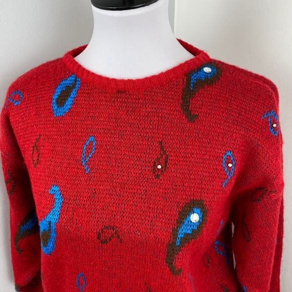 Diane Von Furstenberg Vintage 80s Red Wool Balloon Sleeve Paisley Sweater Small - Picture 2 of 7